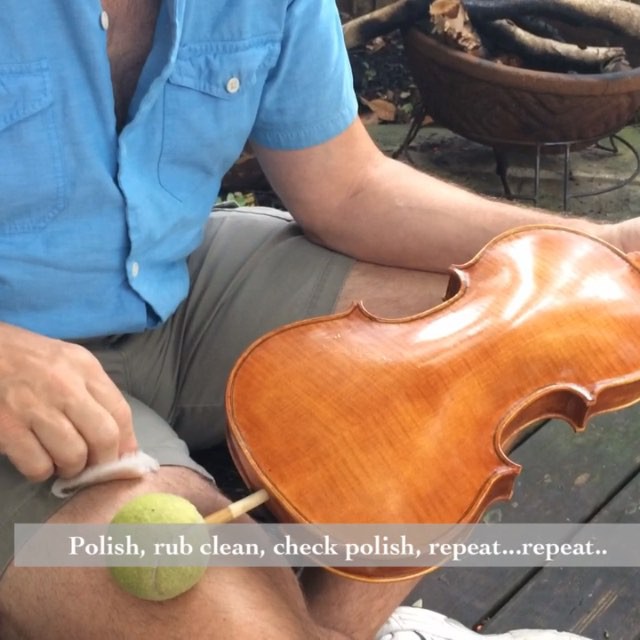 Polishing violin Edward. This is the second in a series of videos that illustrate the polishing process used between coats of violin oil varnish. The oil varnish comes from from violinvarnish.com. 
The first in the series is at:  http://instagram.com/p/760_FXI2TD/

You can view the entire video at: https://www.youtube.com/watch?v=bDy-Sj9bm_c