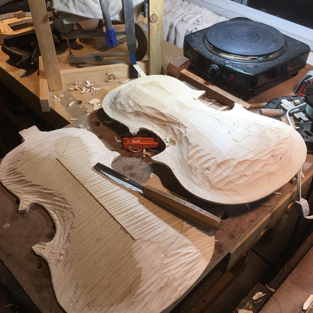 Viola Leonora, Plates roughed on the edges. (Named in tribute to Leonora Jackson McKim, 19th century solo violinist from Boston) Now to gouge them down to within 1/2 mm from final thickness, then file to edge perfection. Oh the joy of hand craftsmanship